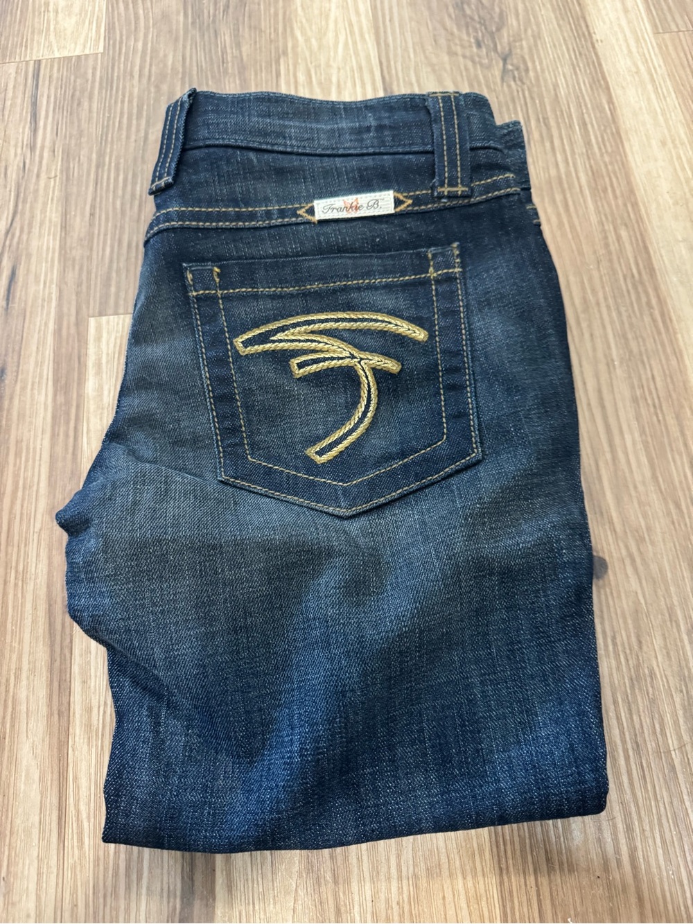 Frankie B. Women's Dark Blue Straight Leg Jeans with Gold Back Stitch